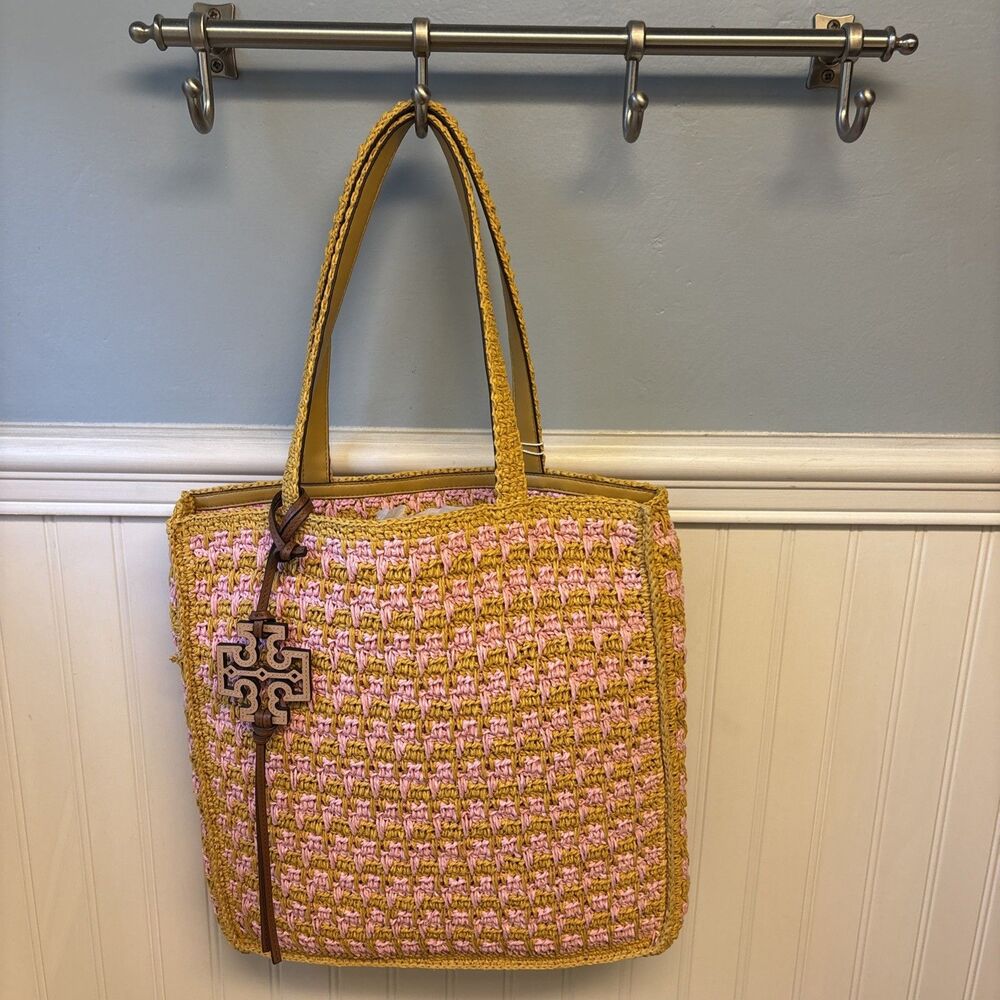 Tory Burch Woven Straw Tote Bag Pink Carnation / Turmeric Logo NWT
